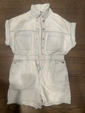 Zara Light Wash Denim Romper - White / Very Light Blue